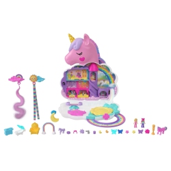 POLLY POCKET Mini Toys, Rainbow Unicorn Salon Styling Head And Playset With 2 Micro Dolls, 20+ Accessories And Moving