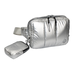 JOAN & DAVID 9 Inch Metallic Puffer Tubular Quilted Nylon Sling Pouch - Chrome