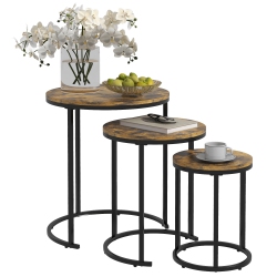 HOMCOM Nesting Tables Set Of 3, Round Coffee Table, Modern Stacking Side Tables With Wood Grain Steel Frame for Living Room, Rustic In Brown