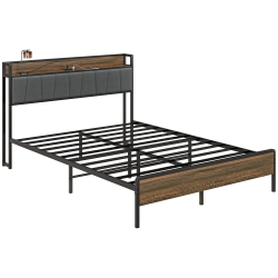 HOMCOM Queen Bed Frame \w Storage, Platform Bed Frame \w Charging Station, Upholstered Headboard, Steel Slats, Noise Free And Easy Assembly, No Box