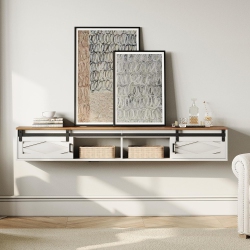 FITUEYES Floating Tv Stand Shelf for Tvs Up to 85 Inch, Wood Floating Entertainment Center With Sliding Barn Door for Living Room, Bedroom, Antique