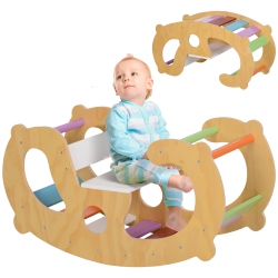 QABA Climbing Toy for Toddlers, 2 In 1 Wooden Rainbow Climbing Arch Ladder Baby Rocker, Children Indoor Play Gym Montessori Climbing Learning