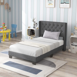 COSTWAY Twin Bed Frame for Kids, Modern Fabric Upholstered Platform Bed \w Wingback Button Tufted Headboard, Solid Wooden Slats Support Mattress