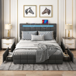 COSTWAY Queen Bed Frame \w Led Lights And 4 Drawers, Upholstered Platform Bed Frame \w USB Ports, Tufted Adjustable Headboard Design, Solid Wooden