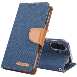 GOOSPERY Topsave Canvas Card Holder Fabric Folio Wallet Flip Case for Iphone 16 (6.1) In Navy Blue