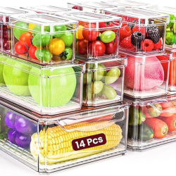 MEHIAZ Fridge Organizer, Stackable Refrigerator Organizer Bin \w Lids, Clear Plastic Pantry Organizer Bins, Freezer Organizers Kitchen Storage And