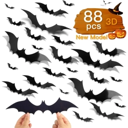 GENER 88 PCs 3D Bats Halloween Decoration Set | 4 Sizes Pvc Bat Stickers for Wall, Party, And Halloween Decor | Includes 140 Adhesive Pieces