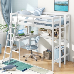 COSTWAY Twin Size Loft Bed \w Desk, Solid Wood Loft Bed \w 2 Ladders & Full Length Guardrail, Modern Space-Saving Twin Bed Frame for Kids Teens