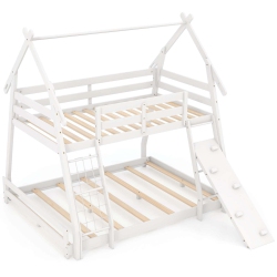COSTWAY Twin Over Queen Bunk Bed House Shaped Bed Frame With Climbing Nets And Ramp