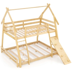 COSTWAY Twin Over Queen Bunk Bed House Shaped Bed Frame With Climbing Nets And Ramp