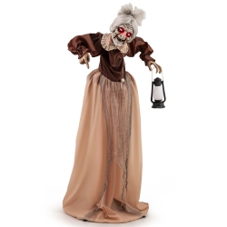 COSTWAY Life-Size Halloween Animatronic Moving And Talking Old Lady Hag Prop With Led Lighted Eyes And Holding Lantern In Red