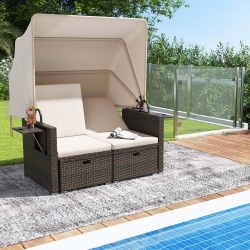 COSTWAY Outdoor Patio Rattan Daybed With Retractable Canopy & Adjustable Backrests