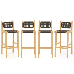 COSTWAY 4 PCs 30" Teak Wood Bar Chair With Backrest & Footrest Bar Height Chair for Deck