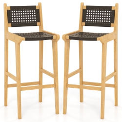 COSTWAY 2 PCs 30" Teak Wood Bar Chair With Backrest & Footrest Bar Height Chair for Deck