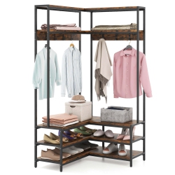 COSTWAY Corner Garment Rack L-Shaped Clothes Rack With Open Shelves & Adjustable Foot Pads