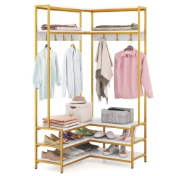 COSTWAY Corner Garment Rack L-Shaped Clothes Rack With Open Shelves & Adjustable Foot Pads