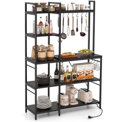 COSTWAY Bakers Rack 5-Tier Coffee Bar Table With 10 S-Shaped Hooks & Power Outlets