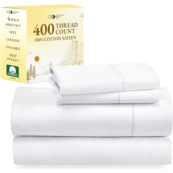 CALI DESIGN DEN California Design Den 100% Cotton Sheets Queen Size Bed Set, 400 Thread Count Sateen, Deep Pocket, Extra Soft 4-PC Bed Sheets