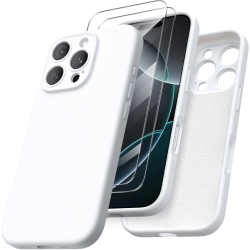 ORNARTO Compatible \w Iphone 16 Pro Case \w 2 X Screen Protector, Shockproof Liquid Silicone Gel Rubber Cover, Drop Protection Phone Case 6.3" -White