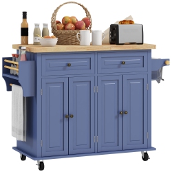 HOMCOM Kitchen Island Cart \w Rubber Wood Top, Rolling Kitchen Island Table On Wheels \w Drawers, Adjustable Shelves, Spice Rack And Towel Rack For