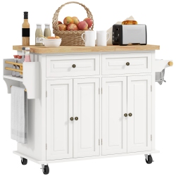 HOMCOM Kitchen Island Cart \w Rubber Wood Top, Rolling Kitchen Island Table On Wheels \w Drawers, Adjustable Shelves, Spice Rack And Towel Rack For