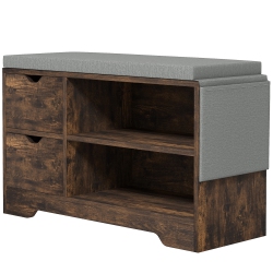 HOMCOM Shoe Bench \w Storage, Modern Upholstered Entryway Bench \w Open Shelves, Drawers, Pocket And Padded Cushion for Living Room, Hallway, Rustic