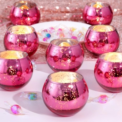 NIERBO Glass Tealight Candle Holder Set Of 12 - Round Hot Votive Candle Holders for Table Decor, Party & Wedding Decorations In Pink