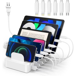 ZXSWONLY Charging Station for Multiple Devices, 6 Ports USB Charging Dock With 6 Cables (White)