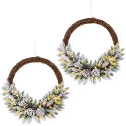 COSTWAY 2 PCs 24" Christmas Wreath With 65 Branch Tips 8 Natural Pine Cones 6 Lighting Modes