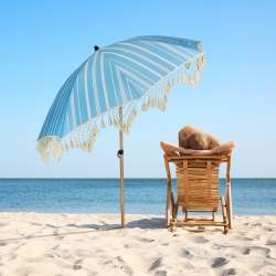 NORTHLIGHT Striped Outdoor Macrame Boho Beach Market Umbrella With Tilt - 6.5' - And White In Sky Blue