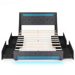 COSTWAY Full Size Bed Frame With Led Lights & Charging Station Upholstered Platform Bed