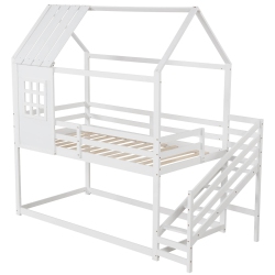 COSTWAY Twin House Bunk Bed With Stairs Roof Rails & Window Full-Length Guardrails
