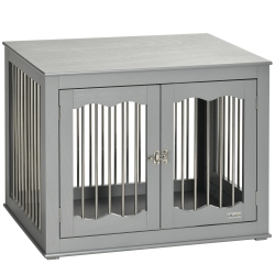 PAWHUT Dog Crate Furniture, 32" Dog Kennel Side End Table With Three Doors, Locks, Dog Cage for Indoor Use, for Small Medium Dogs In Grey