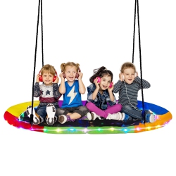 COSTWAY 60" Saucer Swing With Led Lights 700 Lbs Platform Tree Swing With Adjustable Ropes