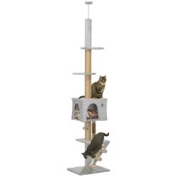 PAWHUT Floor to Ceiling Cat Tree for Large Cats Adult, Cat Tower Adjustable Height 89"-100" W/ Scratching Post, Cat House, 3-Steps, Hanging Ball