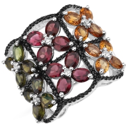 QJ 8.38 Carat Genuine Multi Tourmaline .925 Sterling Ring In Silver