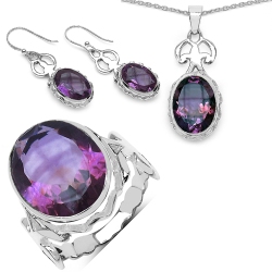 QJ 26.66 Ct. Genuine Amethyst .925 Sterling Ring, Pendant And Earrings Set In Silver