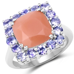 QJ 6.70 Carat Genuine Moonstone And Tanzanite .925 Sterling Silver Ring In Peach