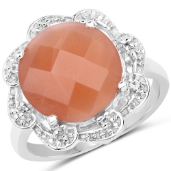 QJ 5.68 Carat Genuine Peach Moonstone And Topaz .925 Sterling Silver Ring In White