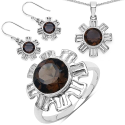 QJ 9.45 Carat Genuine Smoky Quartz .925 Sterling Ring, Pendant And Earrings Set In Silver