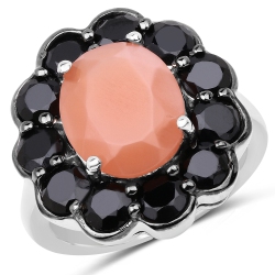 QJ 7.88 Carat Genuine Peach Moonstone And Spinel .925 Sterling Silver Ring In Black