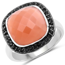 QJ 6.46 Carat Genuine Peach Moonstone And Spinel .925 Sterling Silver Ring In Black
