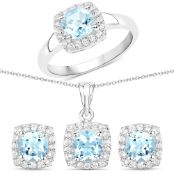 QJ 4.62 Carat Genuine White Topaz .925 Silver 3 PC Jewelry Set Ring Earring & Pendant Chain In Blue