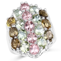 QJ 6.74 Carat Genuine Brown Tourmaline, Pink Tourmaline & Tourmaline .925 Sterling Silver Ring In Green