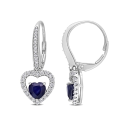 GEM AND HARMONY 1.44 Carat (Ctw) And White Sapphire Dangle Heart Earrings In 14K White Gold In Blue