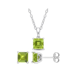 GEM AND HARMONY 3.60 Carat (Ctw) Square Peridot Solitaire Earrings And Pendant Set In Sterling In Silver