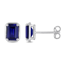 GEM AND HARMONY 3.18 Carat (Ctw) Lab-Created Sapphire Emerald-Cut Solitaire Stud Earrings In Sterling Silver In Blue