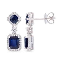 GEM AND HARMONY 2.36 Carat (Ctw) Sapphire Dangle Drop Earrings In 14K White Gold With Diamonds In Blue