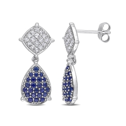 GEM AND HARMONY 1.30 Carat (Ctw) Sapphire And White Topaz Dangle Earrings In 10K White Gold In Blue