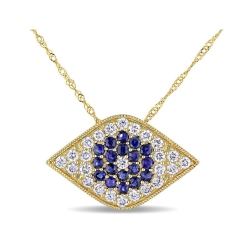 GEM AND HARMONY 3/5 Carat (Ctw) Blue Sapphire Evil Eye Drop Pendant Necklace In 14K Gold With Diamonds In Yellow